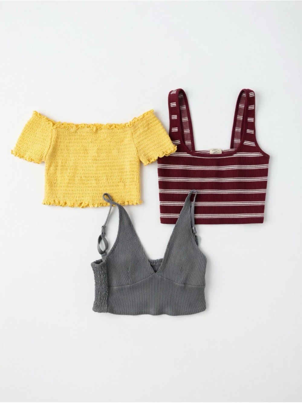 3-Pack Cropped Tank & Off-Shoulder Tops - Yellow, Burgundy Stripe & Gray